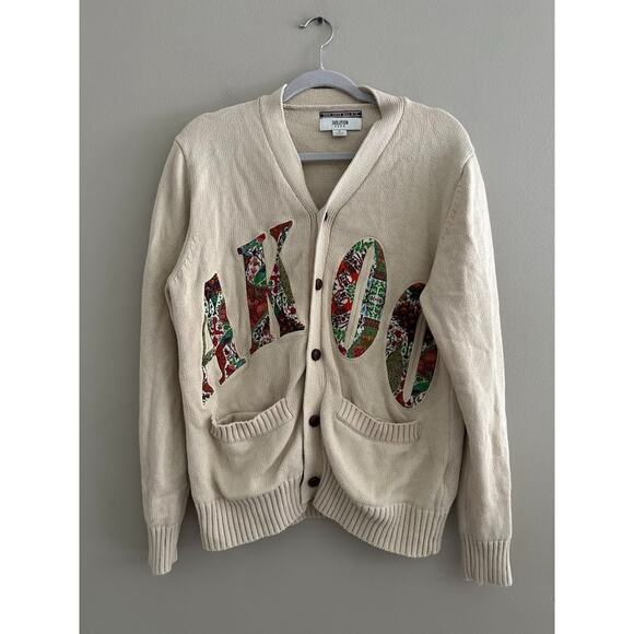 Akoo Roe Mens Cardigan Small Patchwork Varsity Preppy Animal Print Button Ivory - Picture 4 of 9